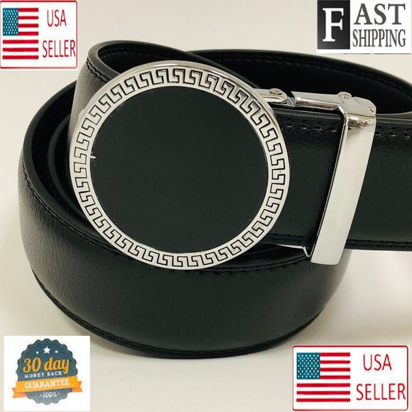 Black Leather Belt Automatic Silver Round Buckle Slide Belts No Hole Dress Jeans - Picture 1 of 3